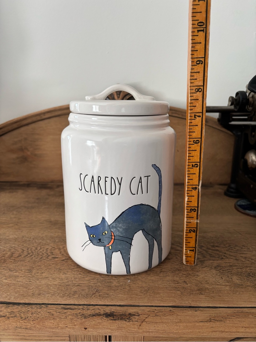 Rae Dunn White Ceramic 'Scaredy Cat' Canister with Blue Cat